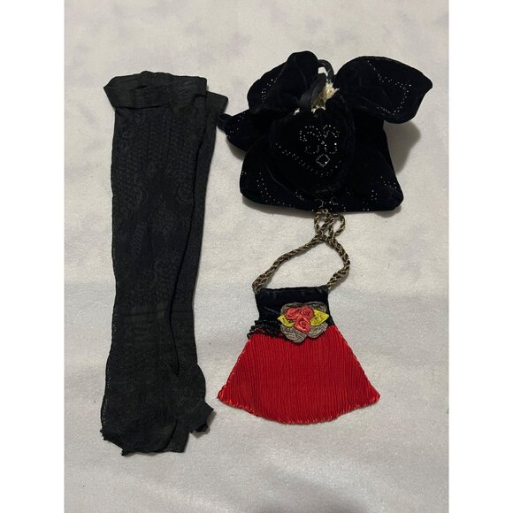 Lot of 2 vintage purses Black ,red and 1 pair of black Lace Fingerless gloves - Picture 1 of 12